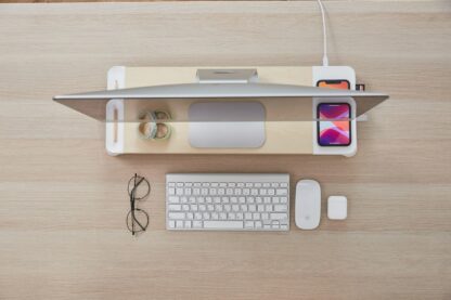 POUT EYES8 - 3-in-1 wooden monitor stand hub with fast wireless charging pad, white