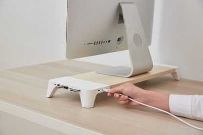 POUT EYES8 - 3-in-1 wooden monitor stand hub with fast wireless charging pad, white