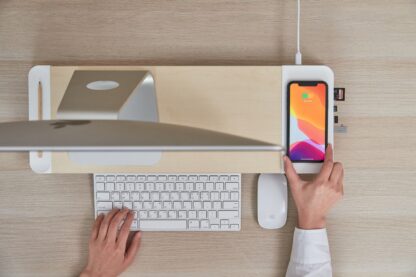 POUT EYES8 - 3-in-1 wooden monitor stand hub with fast wireless charging pad, white