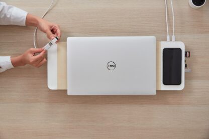 POUT EYES8 - 3-in-1 wooden monitor stand hub with fast wireless charging pad, white