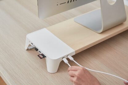 POUT EYES8 - 3-in-1 wooden monitor stand hub with fast wireless charging pad, white