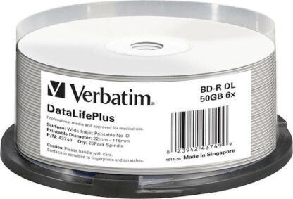 Verbatim Εγγράψιμα BD-R 6x Printable 50GB Cake Box 25τμχ Κωδικός: 43749