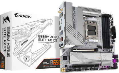 GIGABYTE B650M AORUS ELITE AX ICE Motherboard - AMD Ryzen 9000 Series CPUs  12+2+2 Phases VRM  up to 8000MHz DDR5 (OC)  1xPCIe 5.0 + 1xPCIe 4.0 M.2  2.5GbE LAN  WIFI 6E  USB 3.2 Gen 2x2