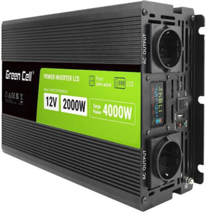 Green Cell Inverter Αυτοκινήτου Καθαρού Ημιτόνου για 12V DC Κωδικός: 2000W/40000W