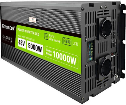 Green Cell Przetwornica napicia PowerInverter LCD 48 V 5000W/10000W Przetwornica samochodowa z wywietlaczem - czysty sinus 10 kVA Black