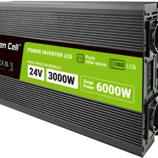 Green Cell Przetwornica napicia PowerInverter LCD 24 V 3000W/60000W Przetwornica samochodowa z wywietlaczem - czysty sinus power adapter/inverter Auto Black