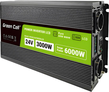 Green Cell Przetwornica napicia PowerInverter LCD 24 V 3000W/60000W Przetwornica samochodowa z wywietlaczem - czysty sinus power adapter/inverter Auto Black