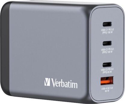 Verbatim Φορτιστής Χωρίς Καλώδιο GaN με Θύρα USB-A και 3 Θύρες USB-C 200W Power Delivery / Quick Charge 3.0 Γκρι (GNC-200)