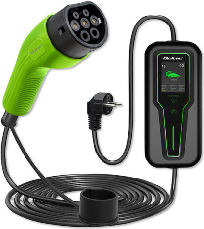 Qoltec 52465 Mobile charger for EV 2-in-1 Type2 with regulation | 3.5kW | 230V | LCD | Portable | Wallbox | 5m