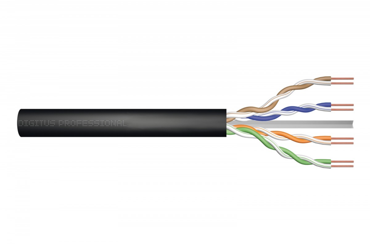 Installation cable U/UTP cat. 5e, PE wire, external gelled, black, 305m (reel) Installation cable U/UTP cat. 5e, PE wire, external gelled, black, 305m (reel)