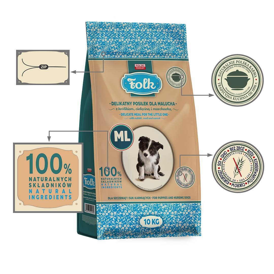 FOLK Junior Medium and large breeds Gentle meal for puppy with rabbit veal and carrot - dry dog food - 10kg FOLK Junior Medium and large breeds Gentle meal for puppy with rabbit veal and carrot - dry dog food - 10kg