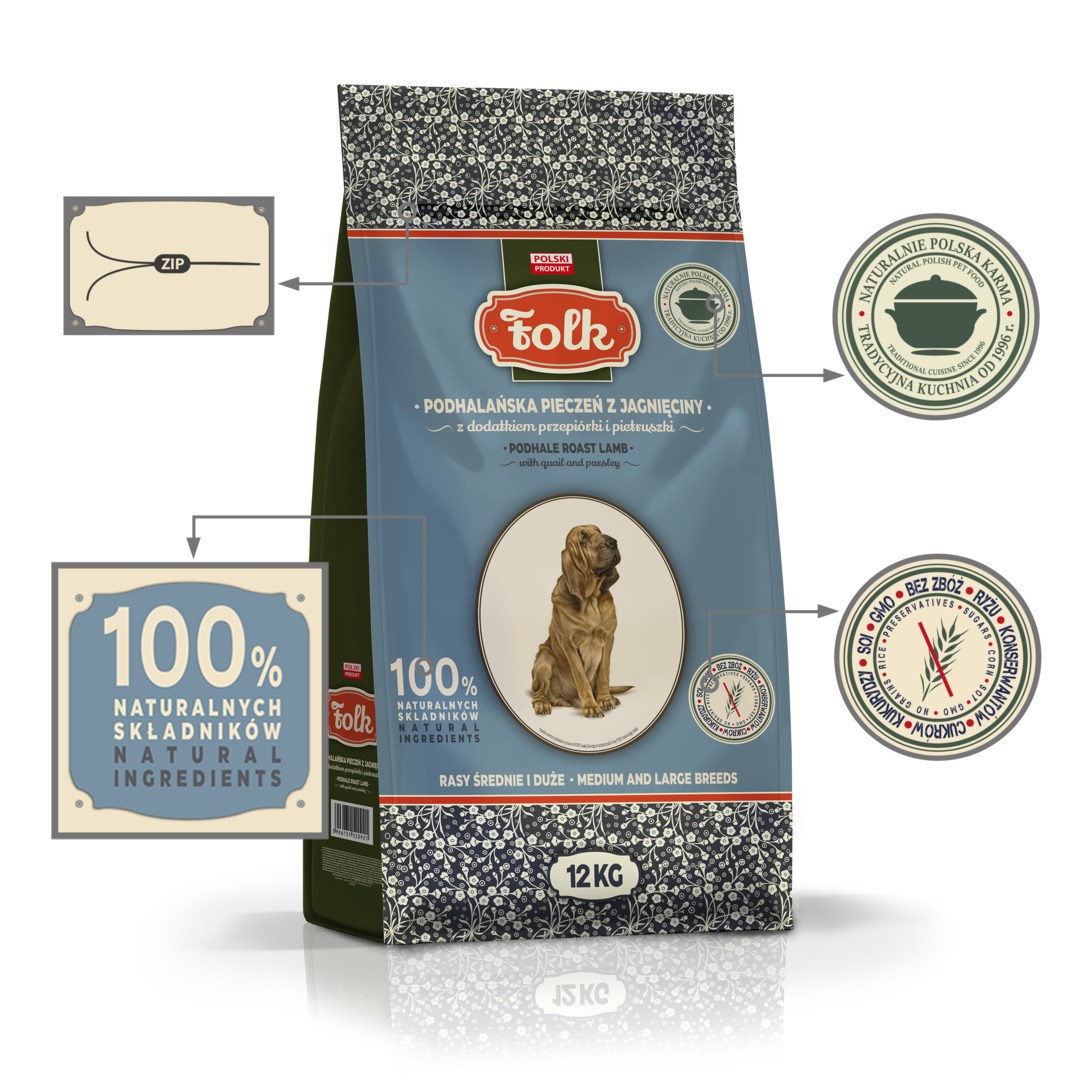 FOLK Medium and large breeds Podhale-style lamb roast with quail and parsley - dry dog food - 12kg FOLK Medium and large breeds Podhale-style lamb roast with quail and parsley - dry dog food - 12kg